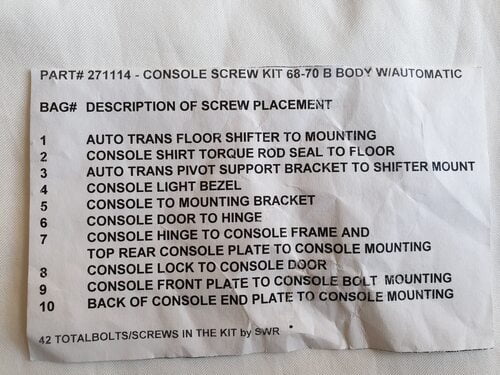 1968-70 B Body Automatic Console Screw Set - FREE SHIPPING